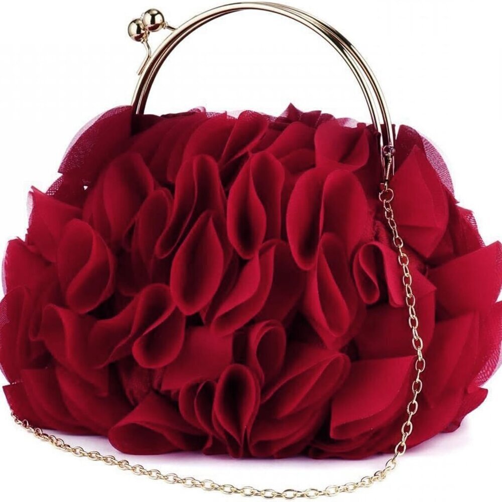 Women Evening Clutch Bag Satin Floral Chain Prom Wedding Party Purse - Picture 7 of 7